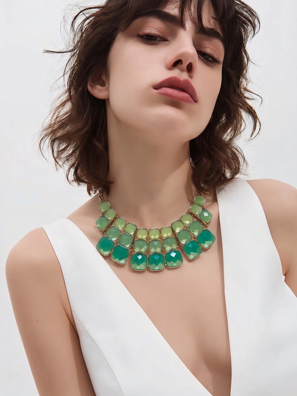Gold Tone Shades Of Green Framed Stones Cleopatra Type Choker/Collar Necklace